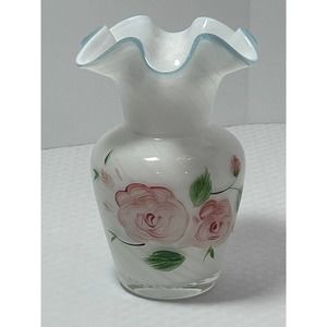 Fenton White Swirl Aqua-Blue Ruffled Edge Hand Painted Roses Vase